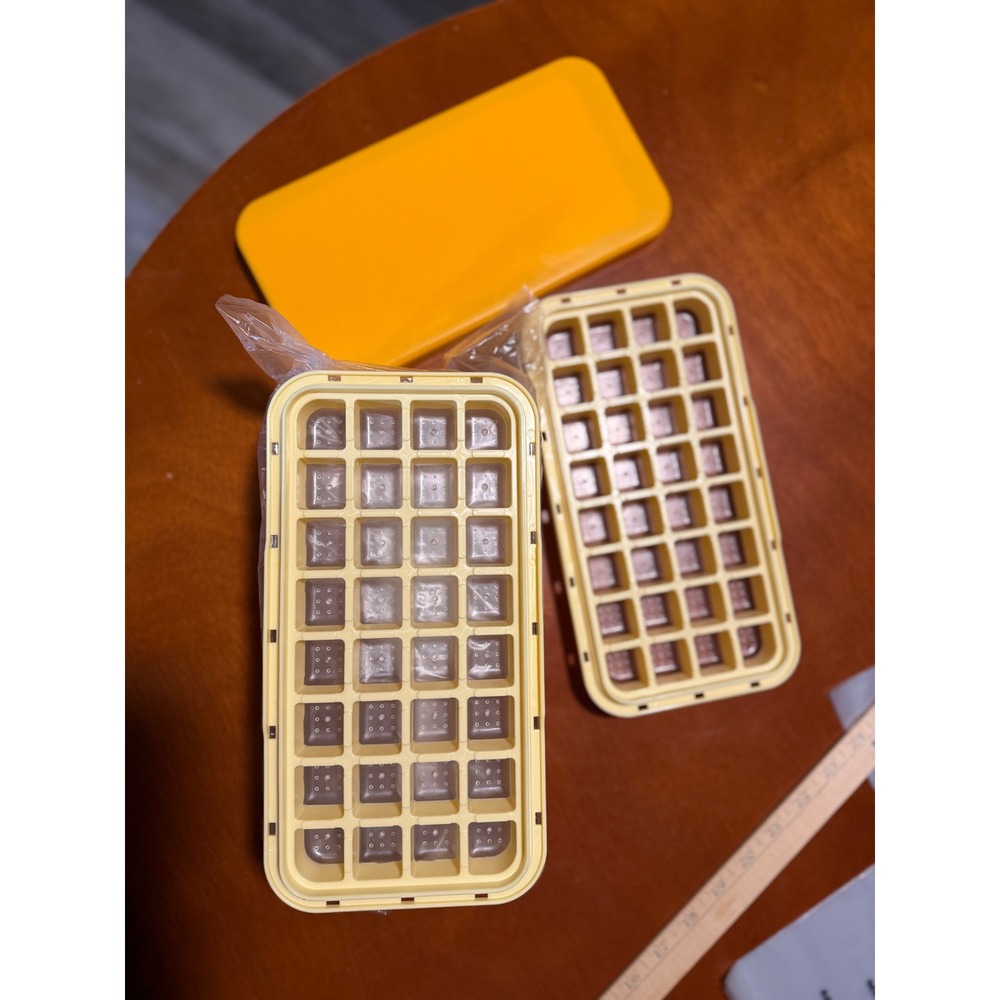 64 Cube Ice Tray Maker 2 Trays Storage Bin Easy Release Lid Yellow New